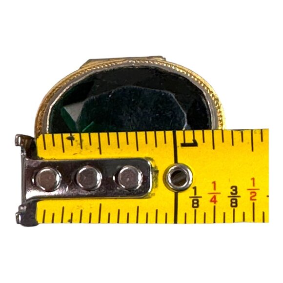 Antique Miniature Trinket Large Emerald Green Goldtone Filigree Ring Jewelry Box - Picture 6 of 12